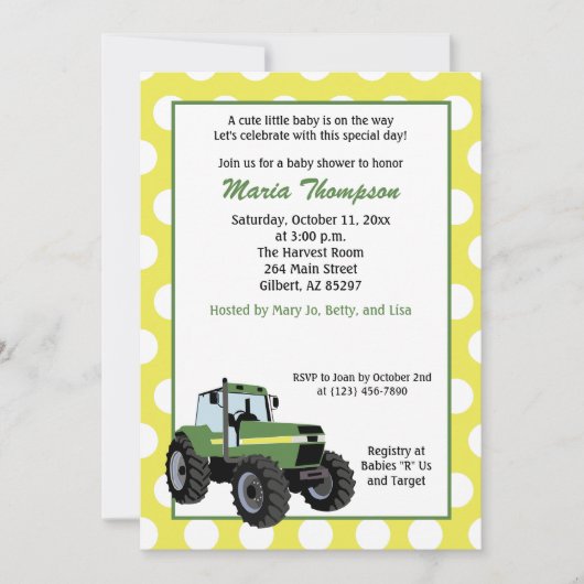 Green Tractor Baby shower 5x7 Uitnodiging (geel) (Voorkant)