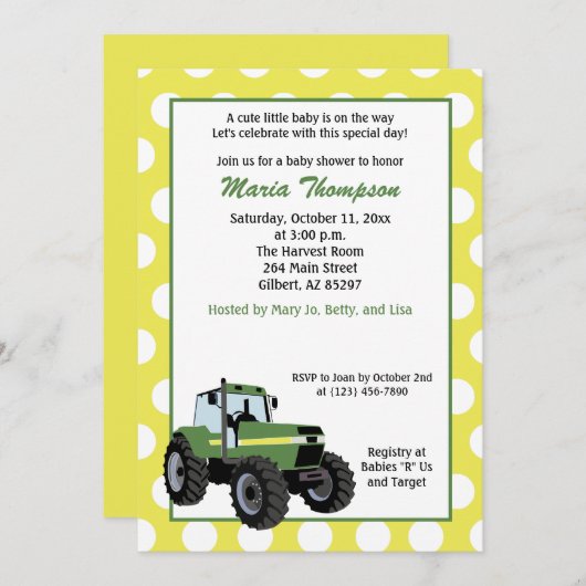 Green Tractor Baby shower 5x7 Uitnodiging (geel) (Voorkant / Achterkant)
