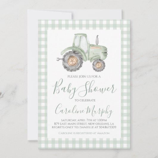 Green Tractor Baby shower Preppy Gingham Kaart (Voorkant)