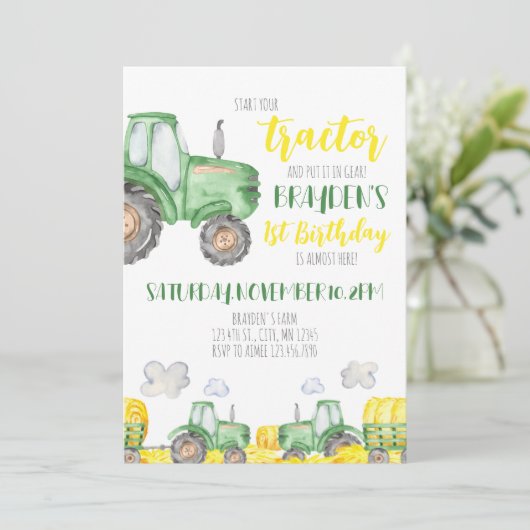 Green Tractor Birthday Invitation Kaart (Staand voorkant)