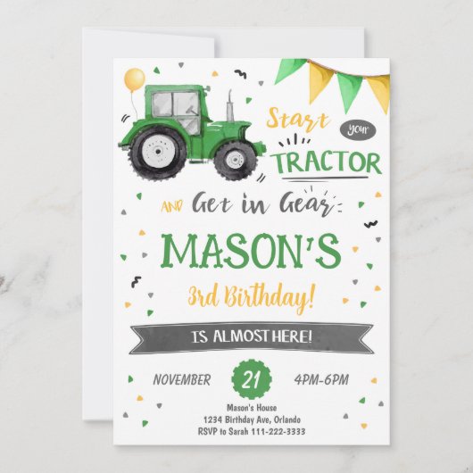 Green Tractor Birthday Invitation Kaart (Voorkant)