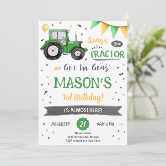 Green Tractor Birthday Invitation Kaart (Staand voorkant)