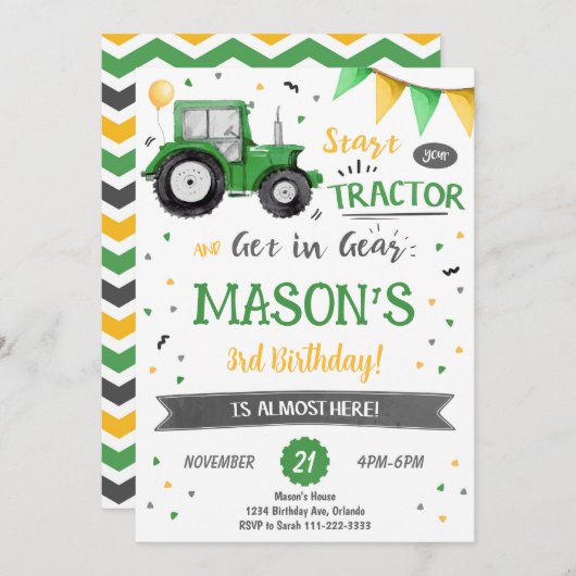 Green Tractor Birthday Invitation Kaart (Voorkant / Achterkant)