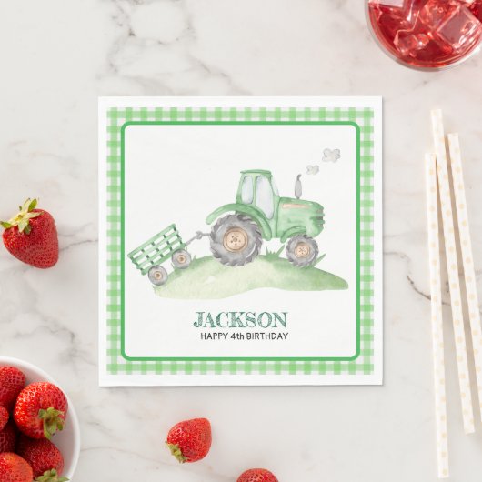 Green Tractor birthday napkins checkered gingham Servet (Insitu)