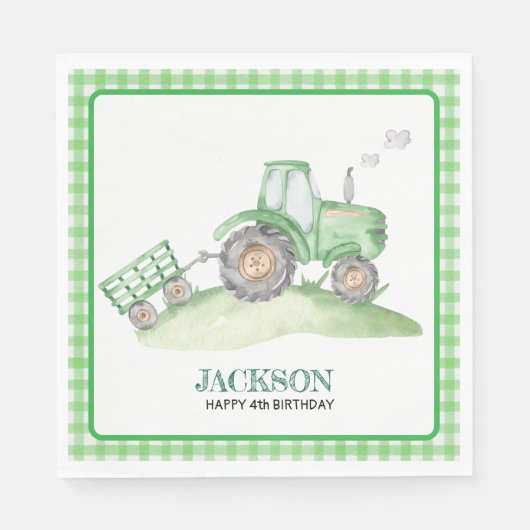 Green Tractor birthday napkins checkered gingham Servet (Voorkant)