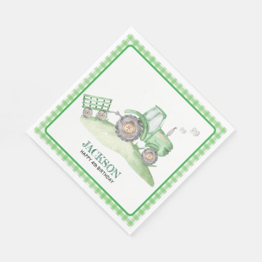 Green Tractor birthday napkins checkered gingham Servet (Hoek)