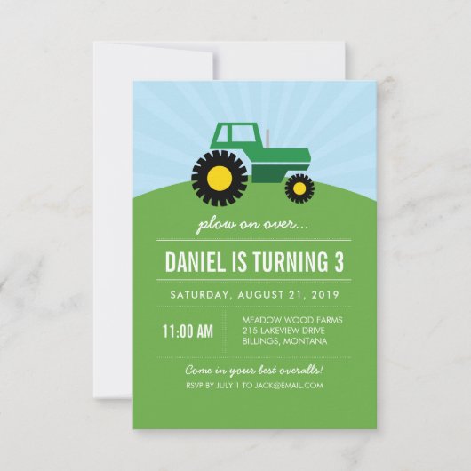 Green Tractor Birthday Party Invitation Kaart (Voorkant)