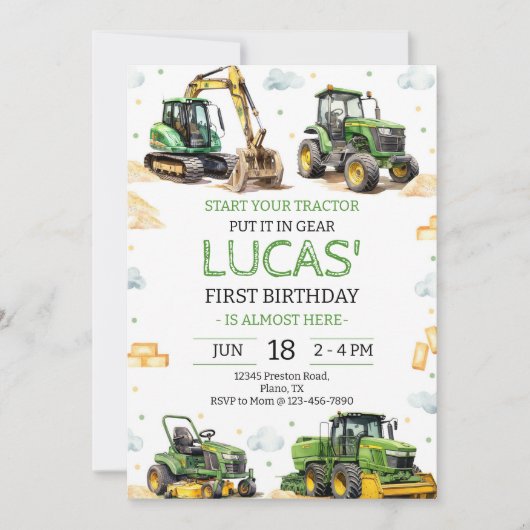 Green Tractor Birthday Party Kaart (Voorkant)