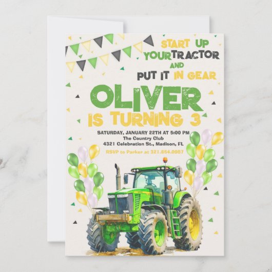 Green Tractor Birthday Party Kaart (Voorkant)
