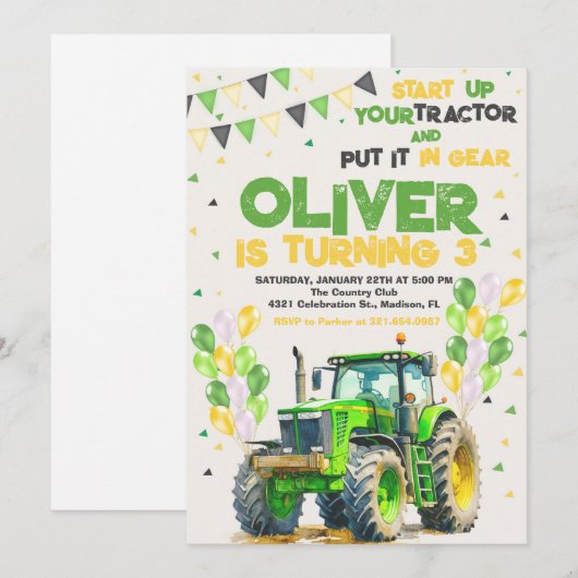 Green Tractor Birthday Party Kaart (Voorkant / Achterkant)