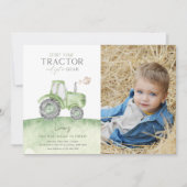 Green Tractor Birthday Photo Invitation Kaart (Voorkant)