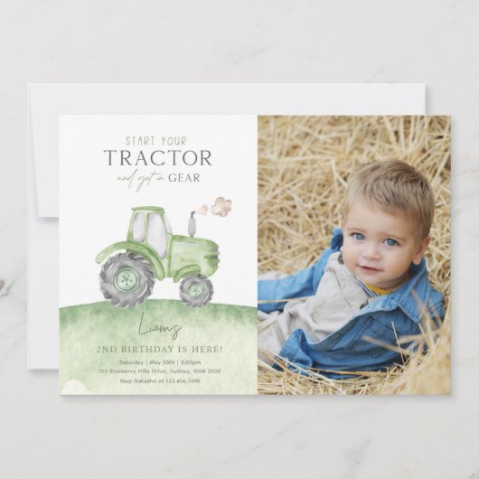 Green Tractor Birthday Photo Invitation Kaart (Voorkant)