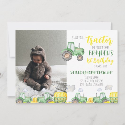 Green Tractor Birthday Photo Invitation Kaart (Voorkant)