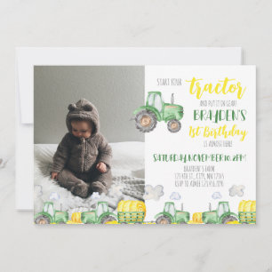 Green Tractor Birthday Photo Invitation Kaart