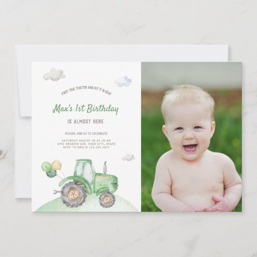 Green Tractor Birthday Photo Invitation Kaart (Voorkant)