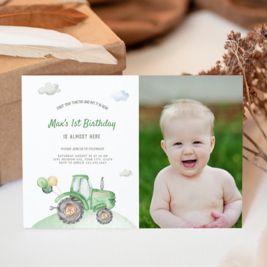 Green Tractor Birthday Photo Invitation Kaart