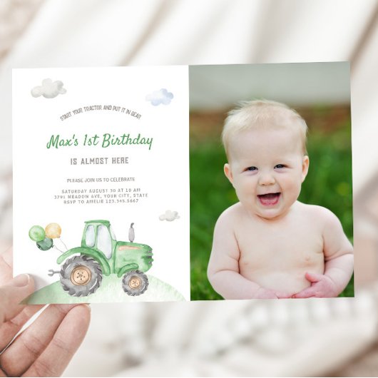 Green Tractor Birthday Photo Invitation Kaart