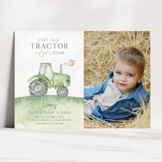 Green Tractor Birthday Photo Invitation Kaart