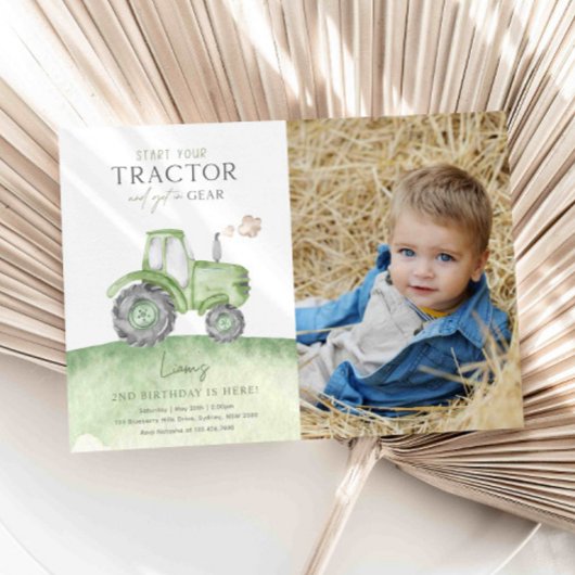 Green Tractor Birthday Photo Invitation Kaart