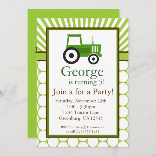 Green Tractor - Boerderij Birthday Party nodigt ui Kaart (Voorkant / Achterkant)