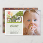 Green Tractor Boerderij Boy Foto 1st Birthday Kaart (Voorkant / Achterkant)