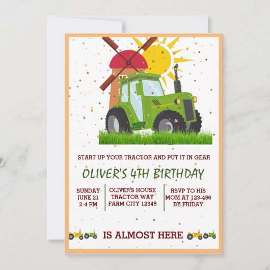 Green Tractor Boys Thmed Birthday Party Bedankkaart (Voorkant)