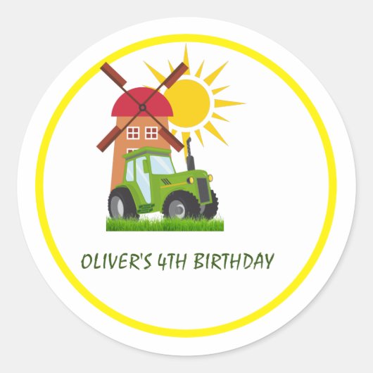 Green Tractor Boys Thmed Birthday Party Ronde Sticker (Voorkant)