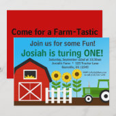 Green Tractor en Red Barn Birthday Party nodigen Kaart (Voorkant / Achterkant)