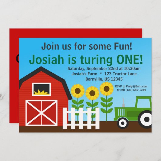 Green Tractor en Red Barn Birthday Party nodigen Kaart (Voorkant / Achterkant)