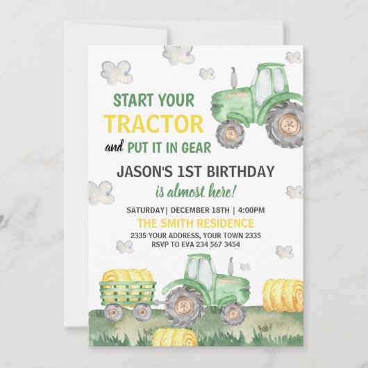 Green Tractor Farm Boy Birthday Party Kaart (Voorkant)