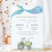 Green Tractor & Mermaid Siblings Joint Birthday Kaart
