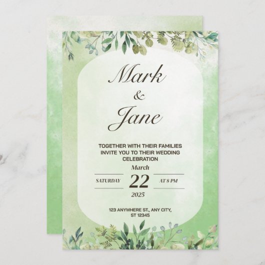 Green Tree Leaf Waterverf Huwelijksuitnodiging Kaart (Voorkant / Achterkant)