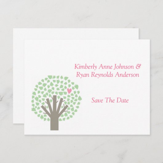 Green Tree Pink Hearts Bewaar de datum Aankondigingskaart (Voorkant / Achterkant)
