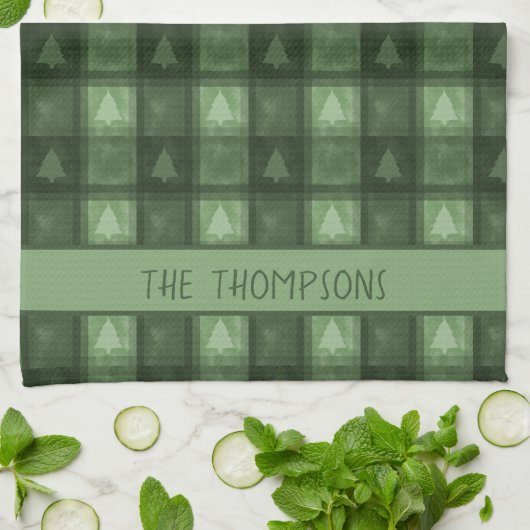 Green Tree Plaid With Custom Family Name Christmas Theedoek (Gevouwen)