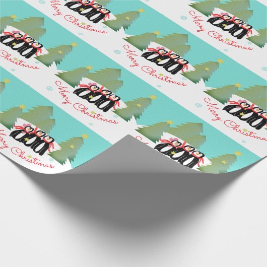 Green Trees Gold Stars en Penguins Cadeaupapier (Hoek)