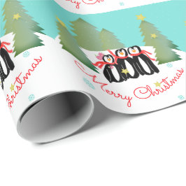 Green Trees Gold Stars en Penguins Cadeaupapier