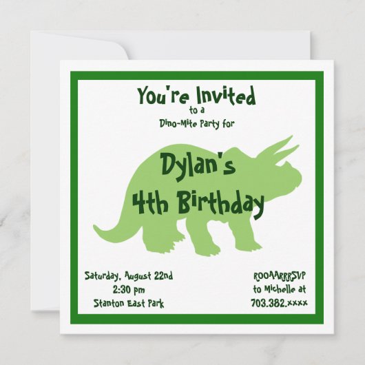 Green Triceratops Dinosaur Birthday Invitations Kaart (Voorkant)