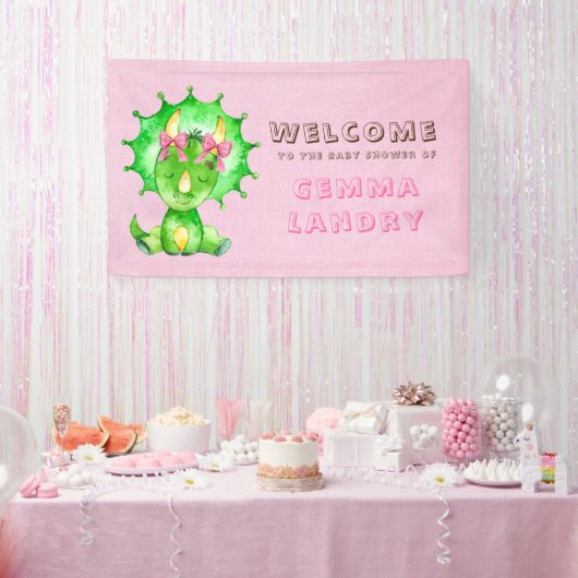 Green Triceratops Girl Baby shower Welkom Spandoek (Feest)