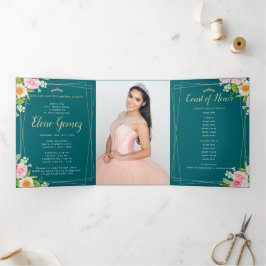 Green Trifold Floral Quinceanera Invitation Drieluik Uitnodiging