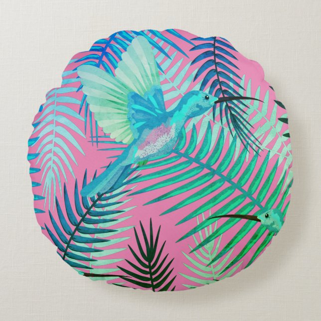 Green Tropical Bird & Floral Print Round Pillow Rond Kussen (Voorkant)