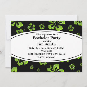 Green Tropical Hibiscus Floral Black Invitation Kaart