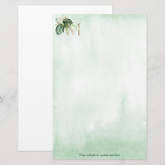 Green Tropical Leaf Gold Monogram Letter M Briefpapier (Voorkant / Achterkant)
