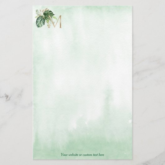 Green Tropical Leaf Gold Monogram Letter M Briefpapier (Voorkant)