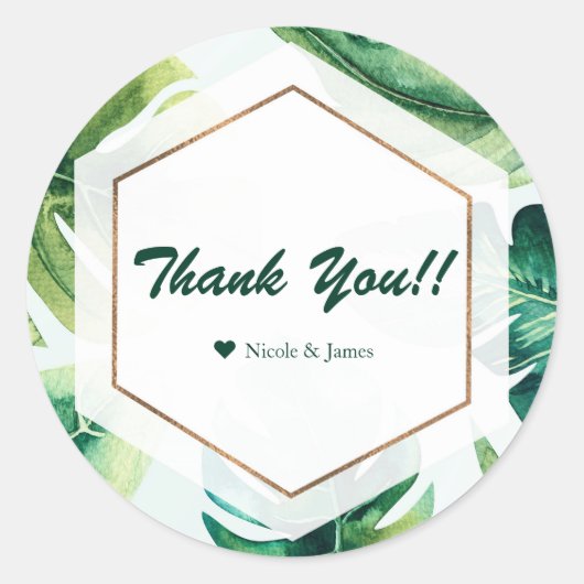 Green Tropical Leaves White Elegant Wedding Favor Ronde Sticker (Voorkant)