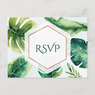 Green Tropical Leaves White Elegant Wedding RSVP Uitnodiging Briefkaart