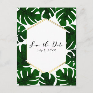Green Tropical Leaves White en Gold Save the Date Aankondigingskaart