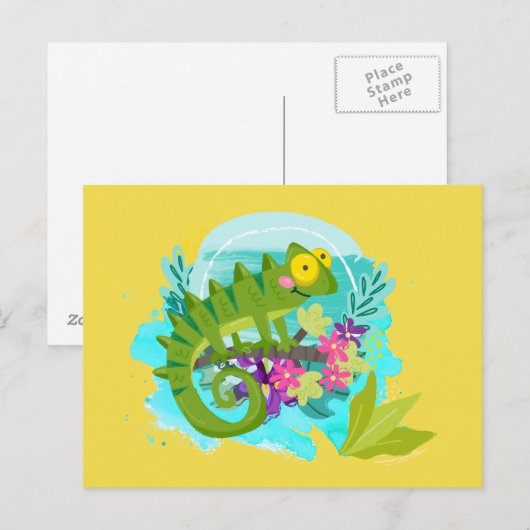Green Tropical Lizard met Flowers Briefkaart (Voorkant / Achterkant)