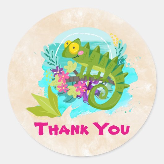 Green Tropical Lizard met Flowers Dank je Ronde Sticker (Voorkant)