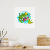Green Tropical Lizard met Flowers Poster (Keuken)
