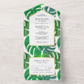 Green Tropical Monstera Leaves Wedding All In One Uitnodiging (Binnen)